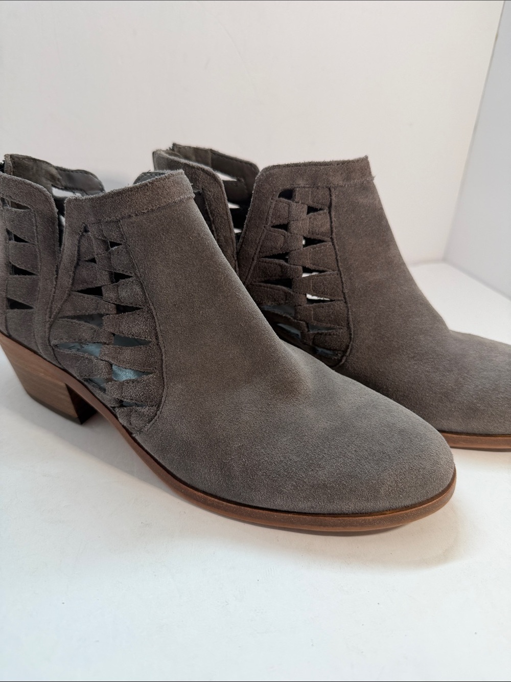 Vince Camuto Gray Suede Woven Cutout Ankle Booties